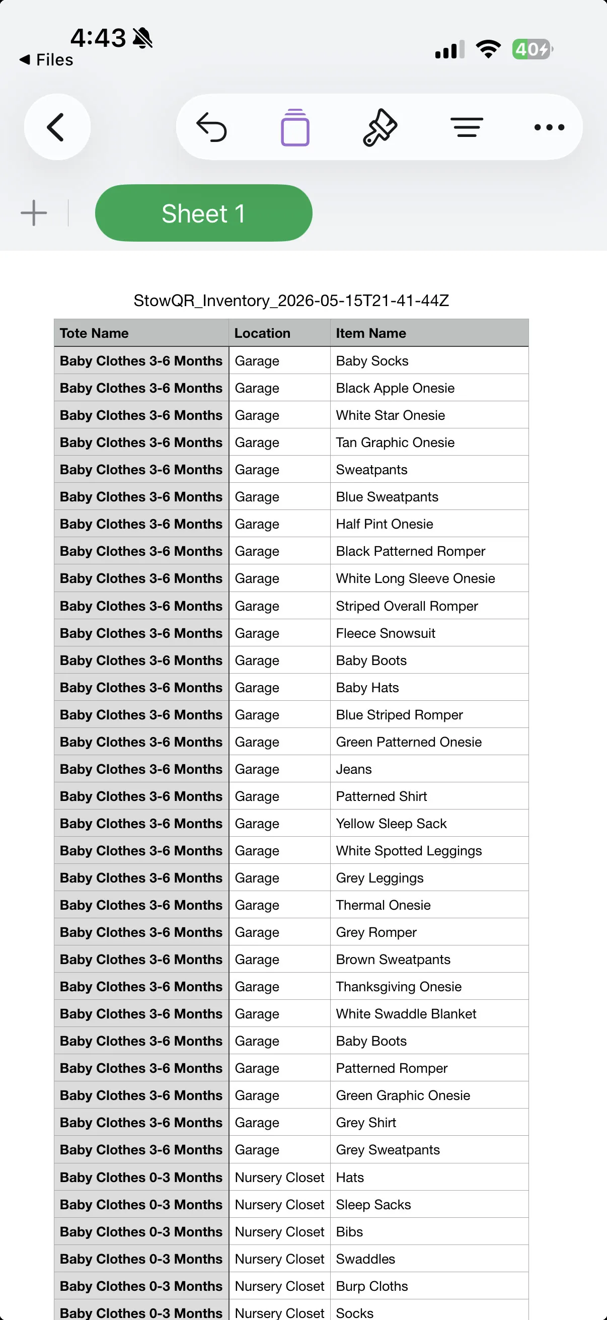 A StowQR inventory CSV export opened in Numbers on iPhone, with Tote Name, Location, and Item Name columns