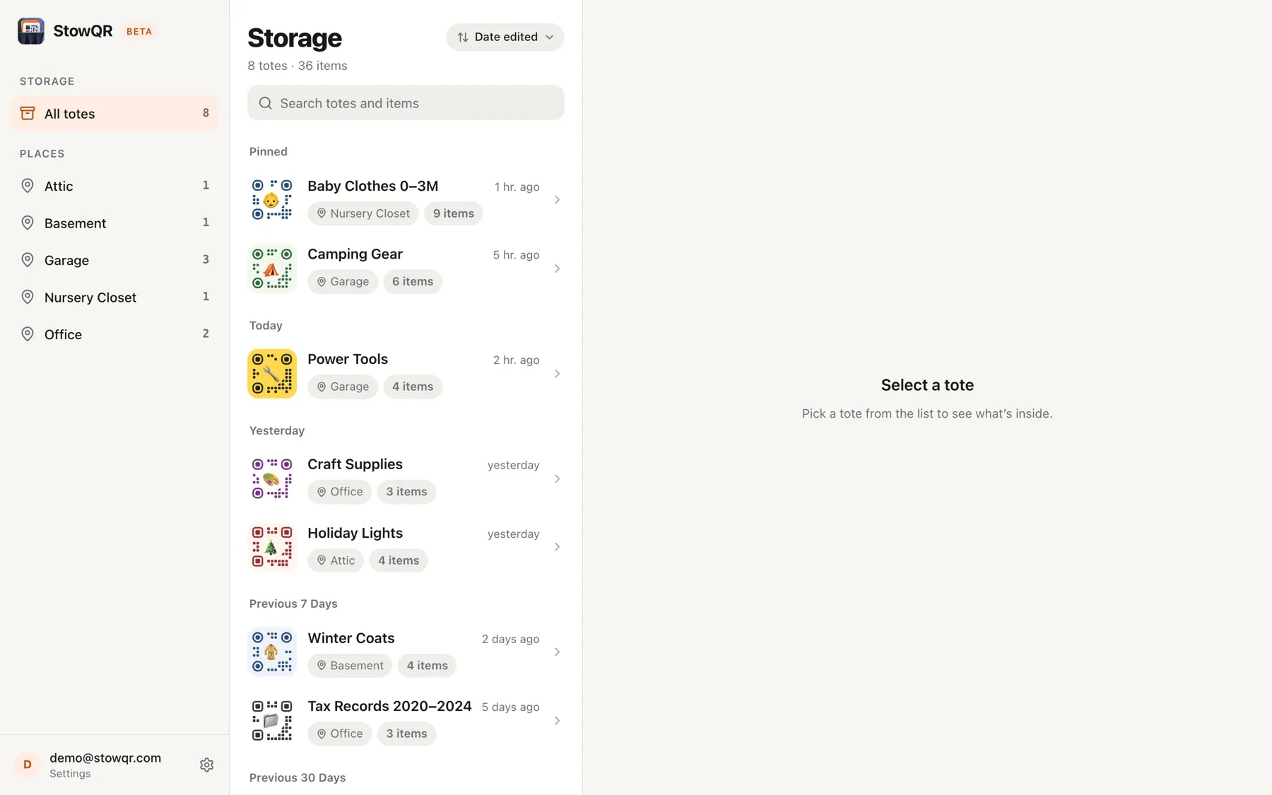 The StowQR web app in a desktop browser, with places in the sidebar and pinned totes, then totes grouped by date in the middle column
