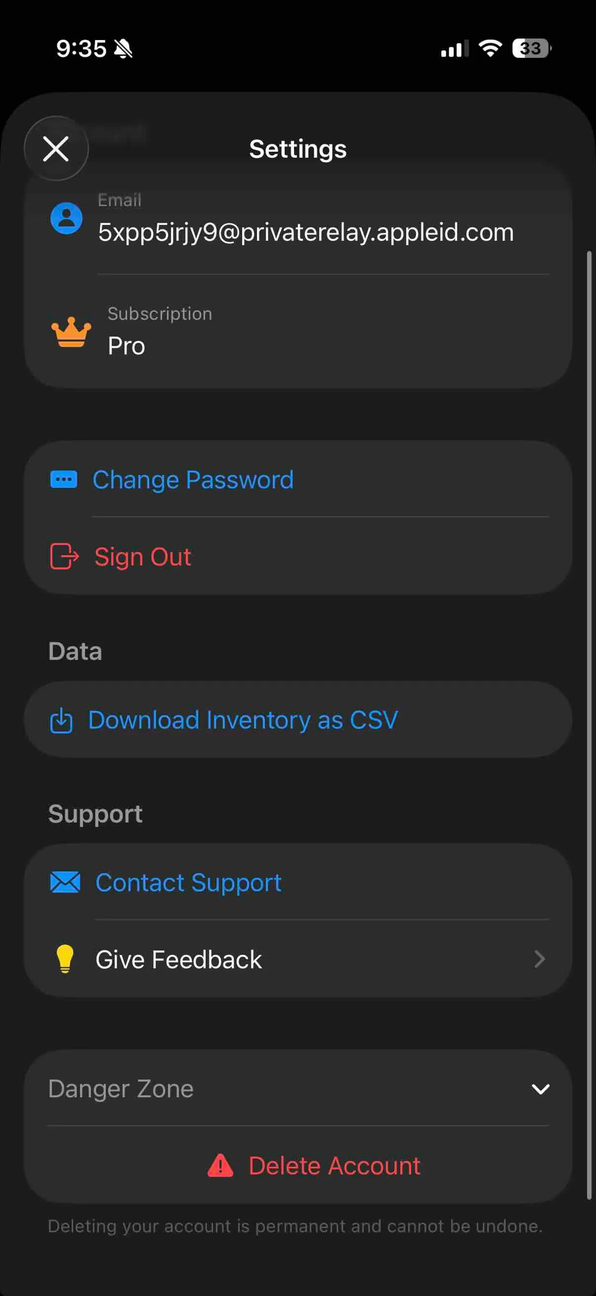 Screenshot of the Danger Zone in Settings showing the Delete Account button