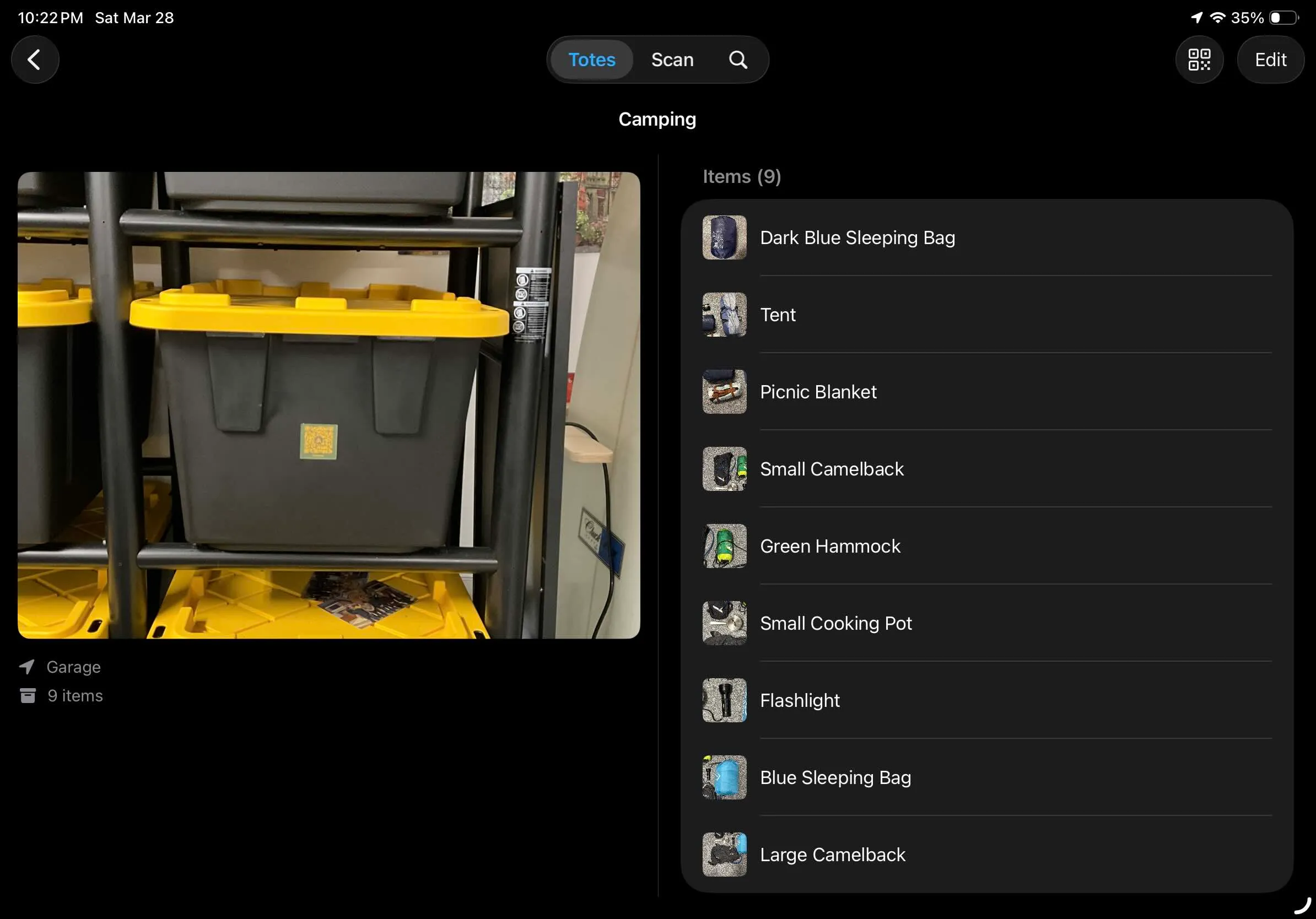 StowQR's new two-column iPad layout showing a tote photo and item list side-by-side