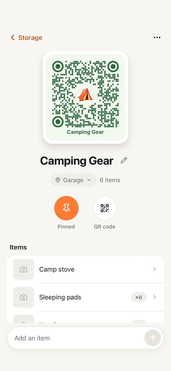 A Camping Gear tote opened from its QR label in Safari on iPhone, using the StowQR web app instead of the native app