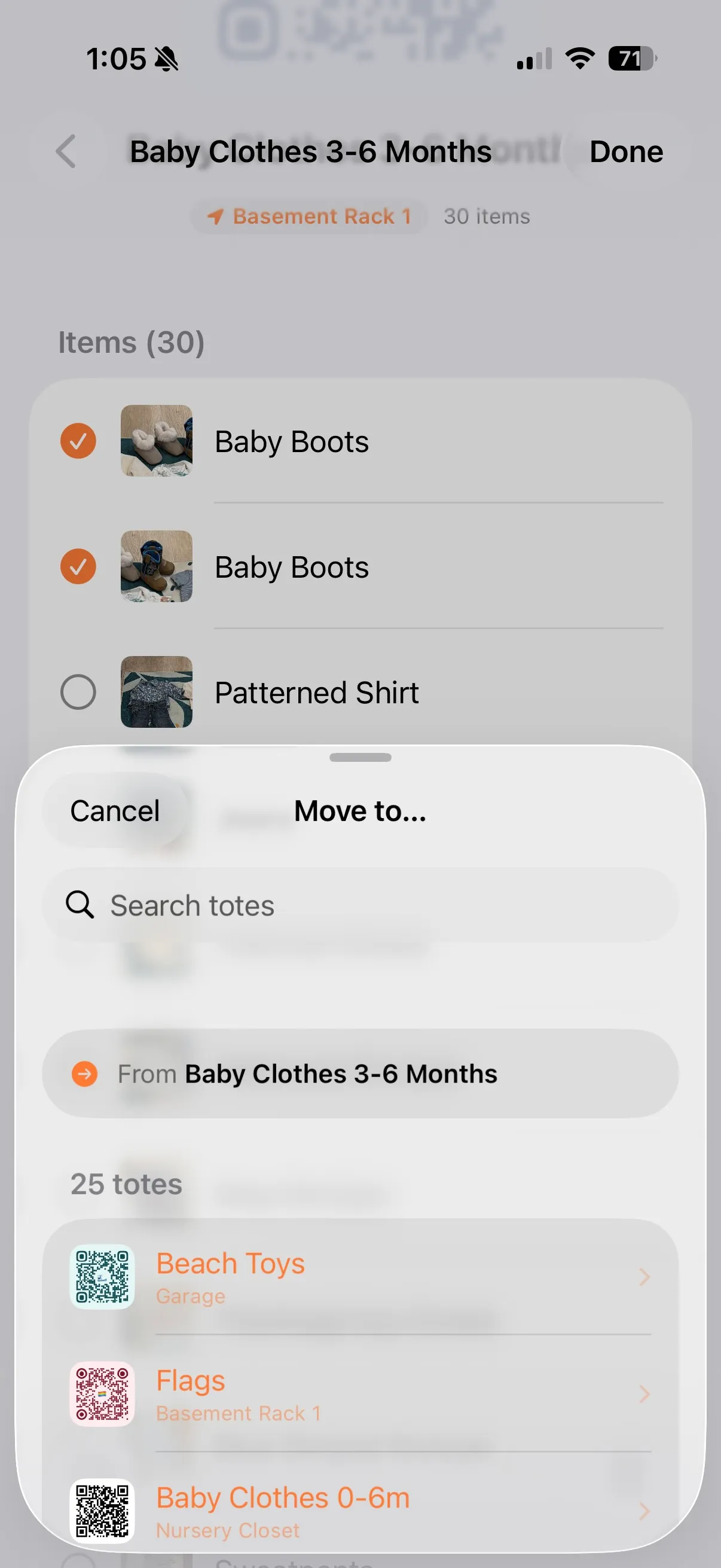 StowQR Move to… picker on iPhone for moving items between totes, with search