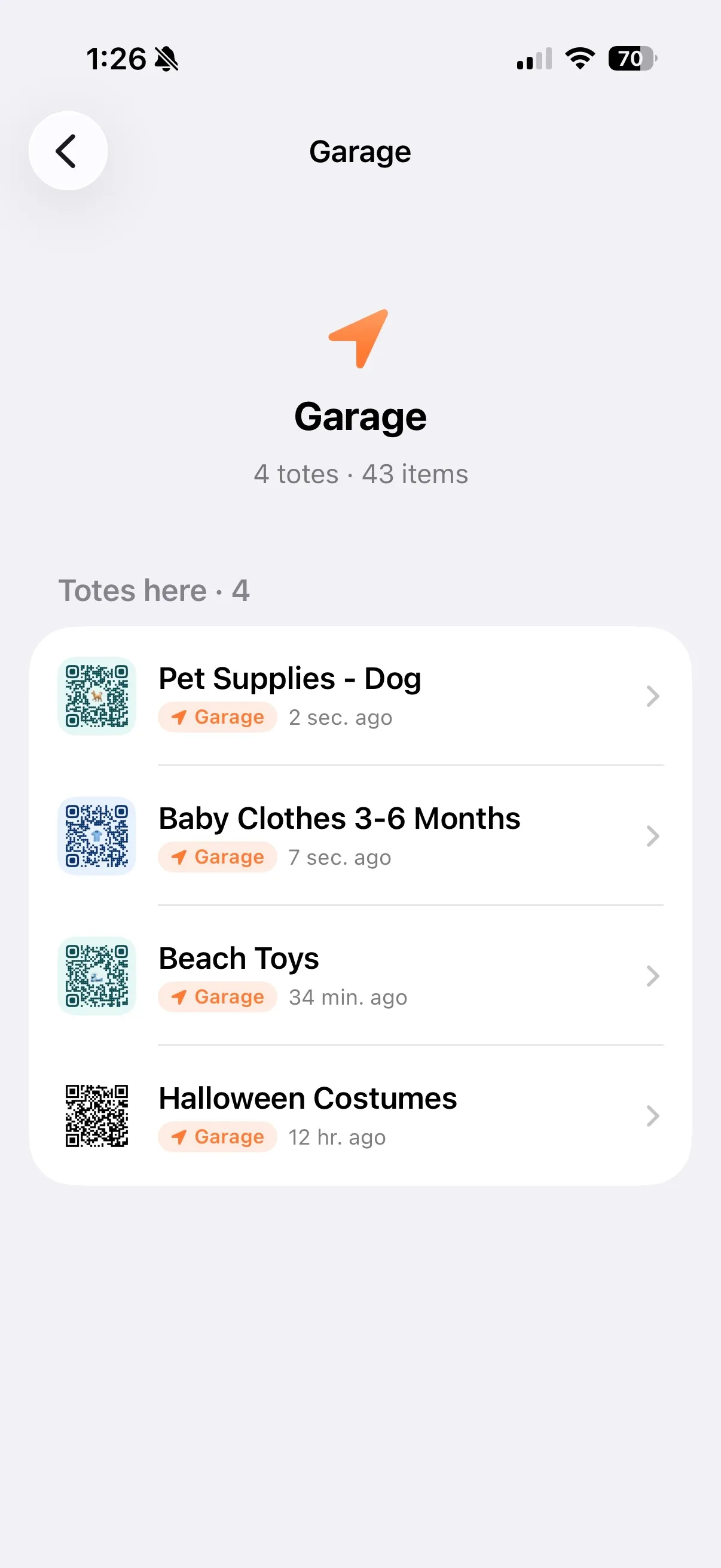 StowQR place detail page on iPhone showing every tote stored at one location