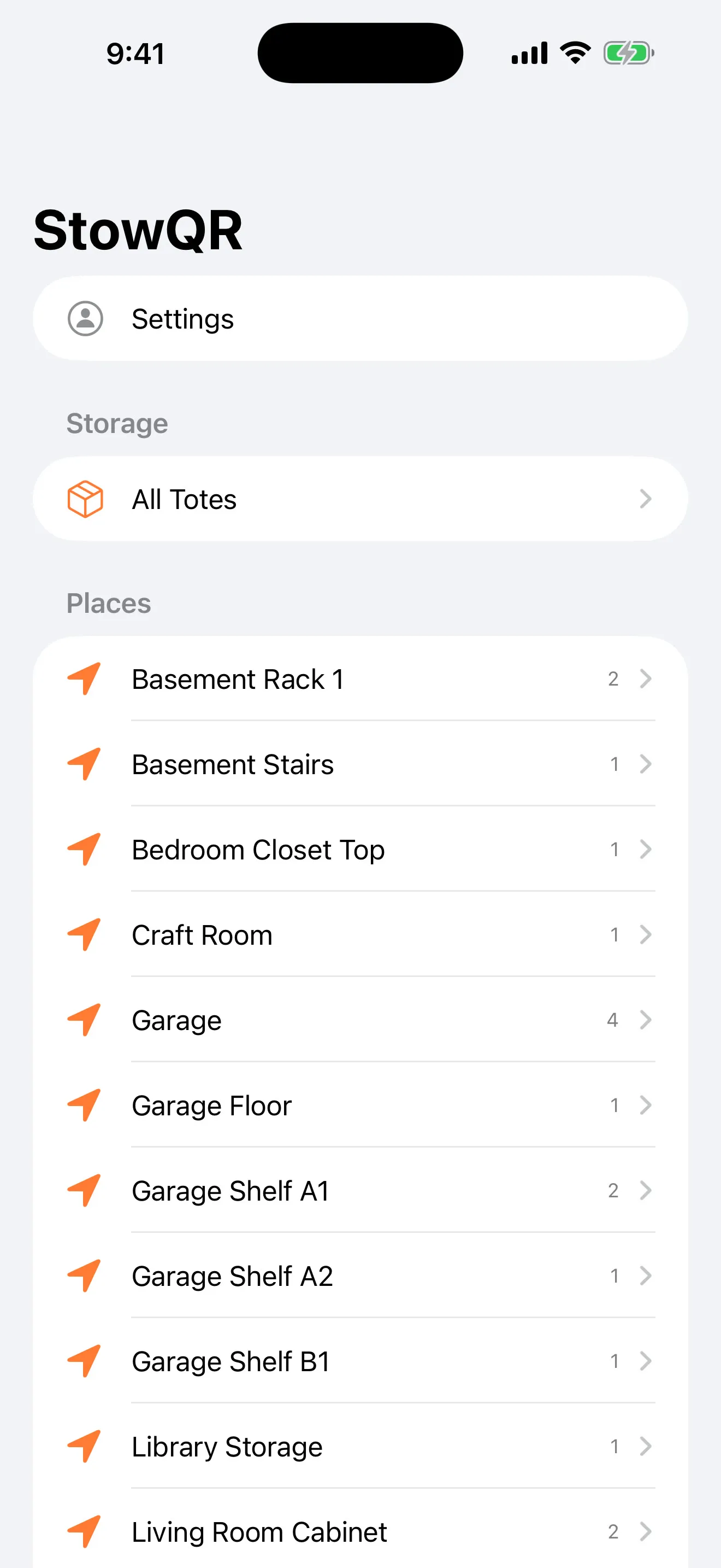 The Places list in StowQR on iPhone, showing locations like Garage Shelf A1 with a tote count next to each