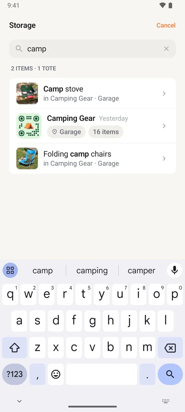 Search results in StowQR for Android for the word camp