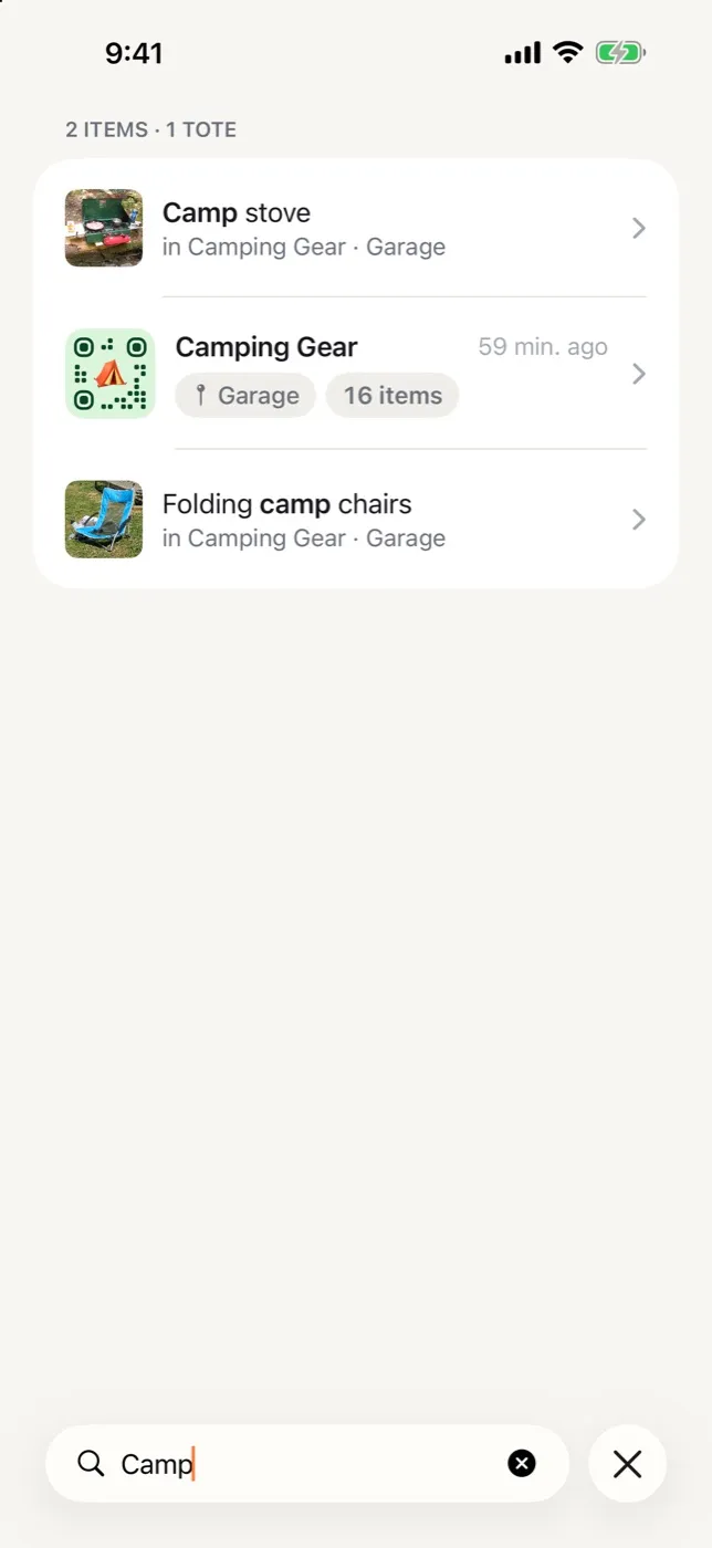 Search results in StowQR on iPhone for the word camp, mixing matching items and totes with the place shown under each result