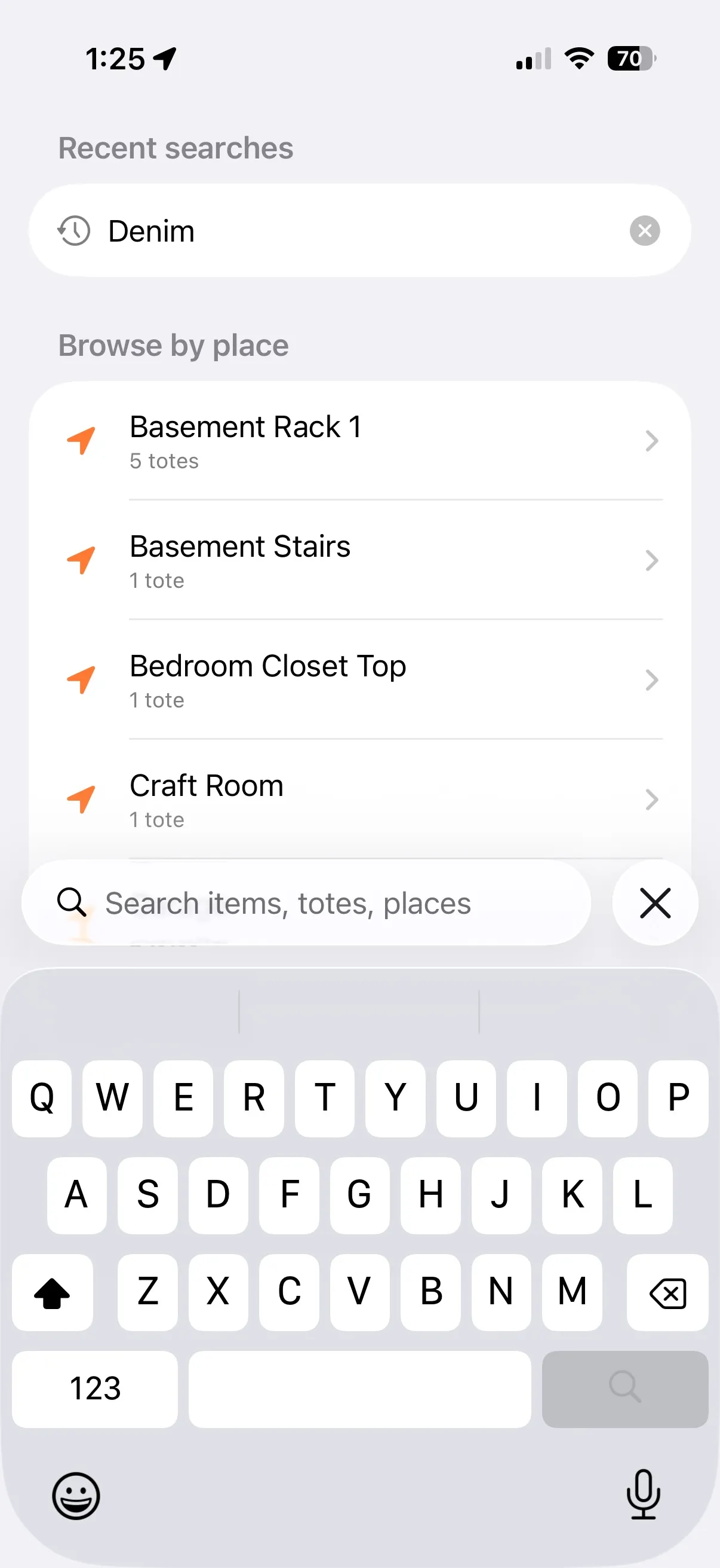 StowQR universal search on iPhone with sectioned results across items, totes, and places