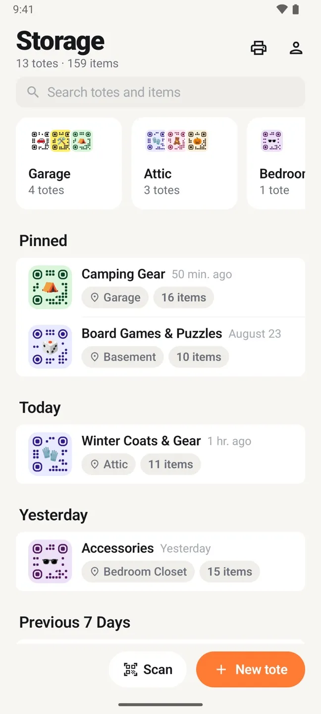 The Storage screen in StowQR for Android with place cards and pinned totes