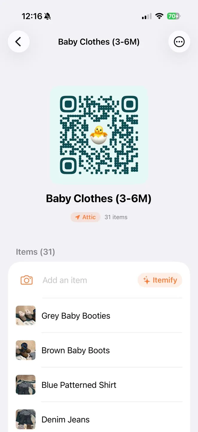 The Baby Clothes tote in StowQR on iPhone listing the AI-named items with cropped thumbnails