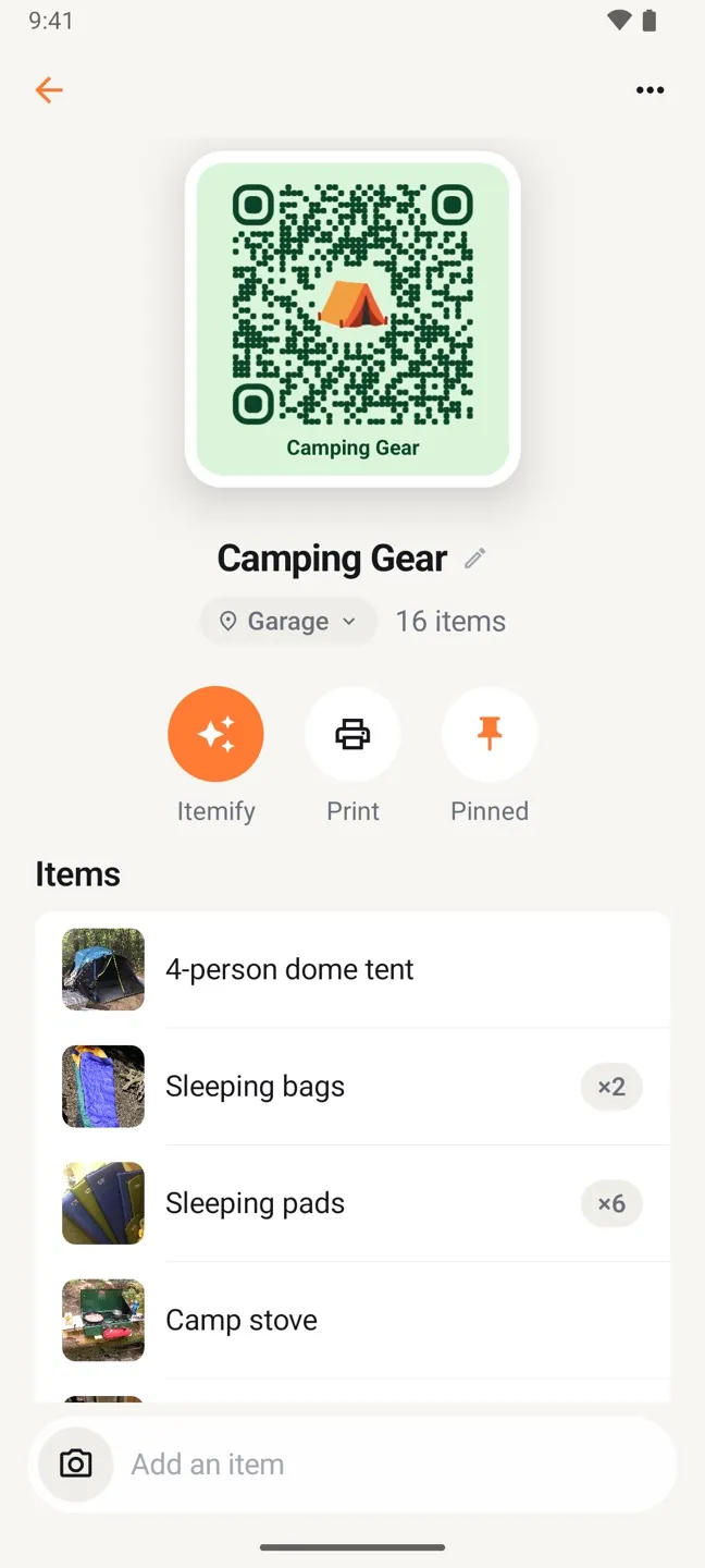 The Camping Gear tote in StowQR for Android with its QR label and items